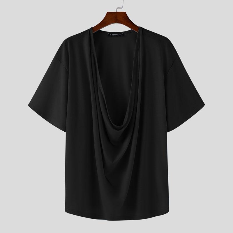 

INCERUN Summer Deep Swing Collar Semi-Sheer Ruffled Casual Beach Tops T-shirts 3XL чёрный