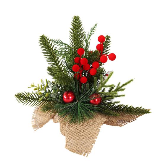 Small Christmas Artificial Plants with Burlap Base Faux Pine Branches with Red Berries/Poinsettias Flower