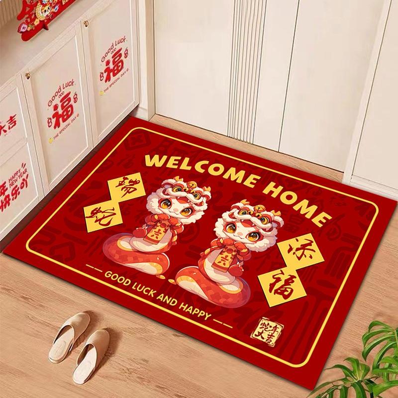 Jahr der Schlange Festlicher Cartoon Teppich Eingang Fußmatte Pflegeleicht Neujahrs-Fußmatte Rutschfeste Waschbare Teppiche