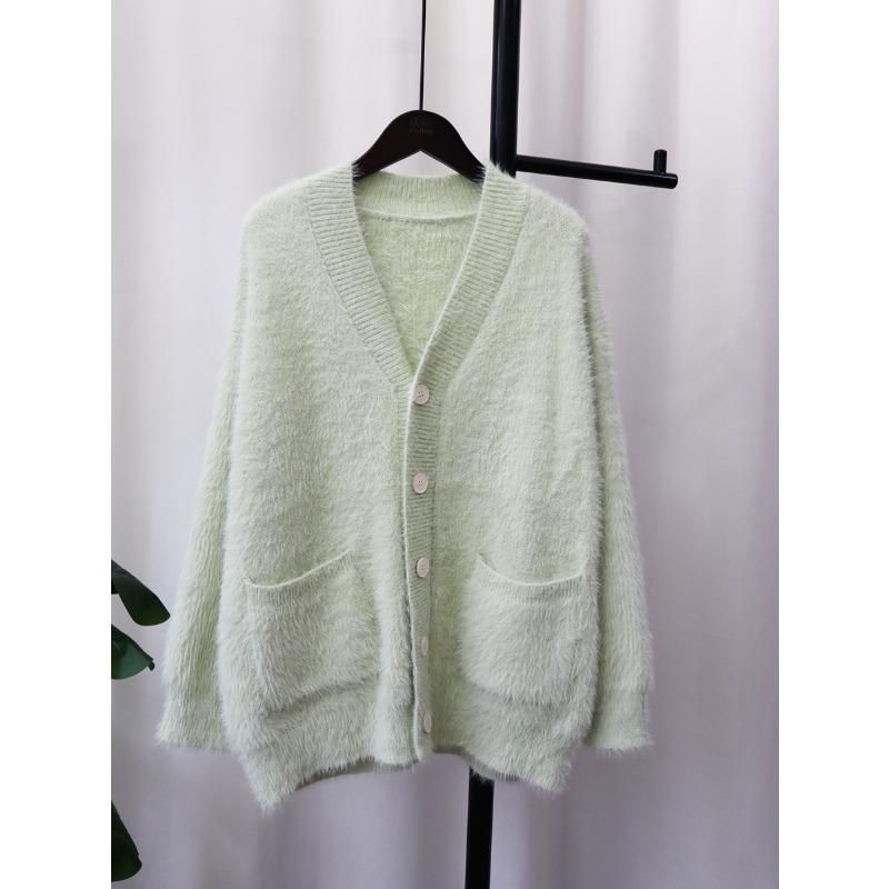 Imitation mink velvet knitted cardigan women's loose V-neck versatile solid color autumn and winter new sweater jacket thick