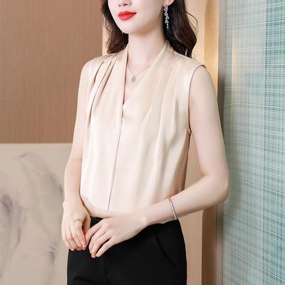 Elegant V-Neck Fashion V-Neck Blouse Women's Clothing Solid Color French Style Summer Sleeveless Commute Basic Spliced Shirt New