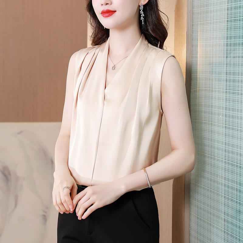 

Элегантная мода с V-образным вырезом Блузка с V-образным вырезом Женская одежда Однотонная Французский стиль Летняя Без рукавов Для работы Базовая Со вставками Рубашка Новинка XXXL абрикосовый