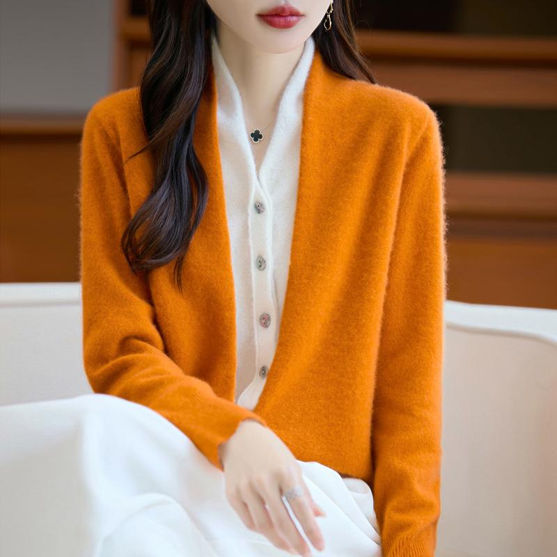 Women's French V-Neck Wool Cardigan - Faux Two-Piece, Long Sleeve, Color Block, Autumn/Winter Collection