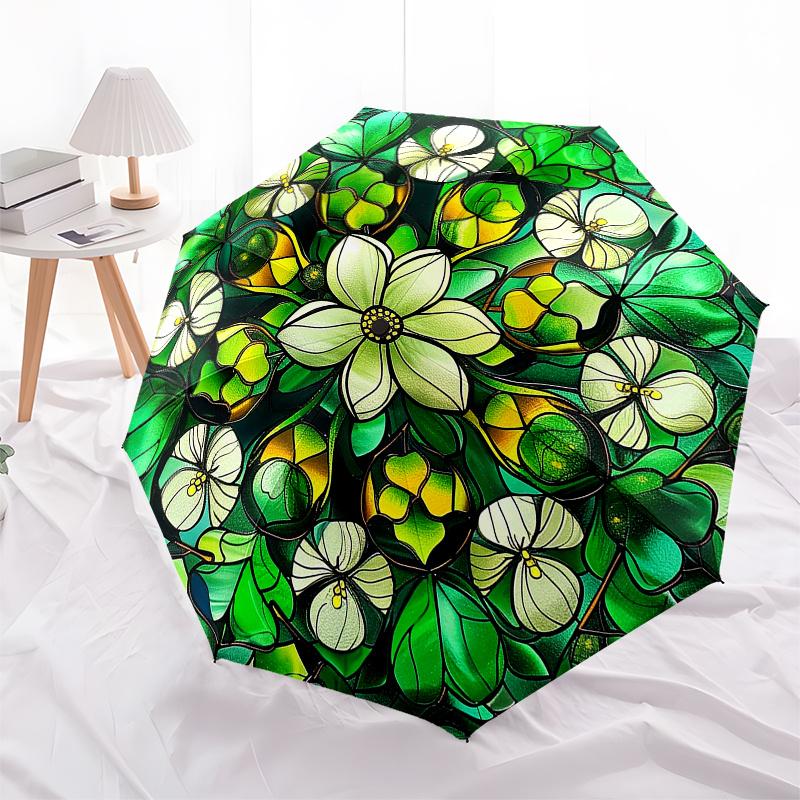 Stained Glass Floral Wall Art Decorative Panel, Circular Design with White Flowers on Green Leaves Background for Home or Garden Decoration (12 Diamet