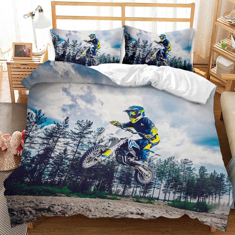Motorbike Comforter Cover Set Queen Size, Boys Motocross Rider Duvet Cover, Teens Racing Motorcycle Dirt Bike Bedding Set Child