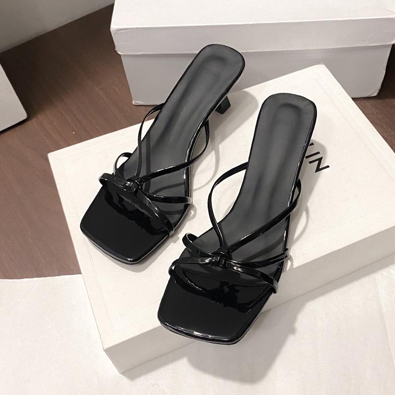 Niche thin strap square head open-toed high-heeled sandals girl 2025 spring and summer new one-word strap thin heel temperament light mouth slippers