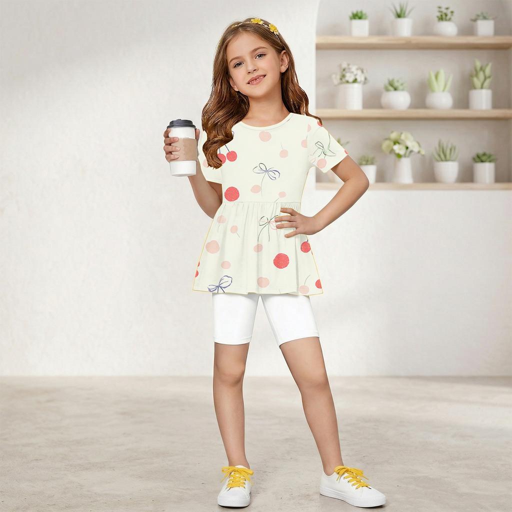 Girls Summer Outfit Short Sleeve Peplum Top with Ruffle Hem and Matching Shorts Set Lightweight Soft Fabric Casual Wear