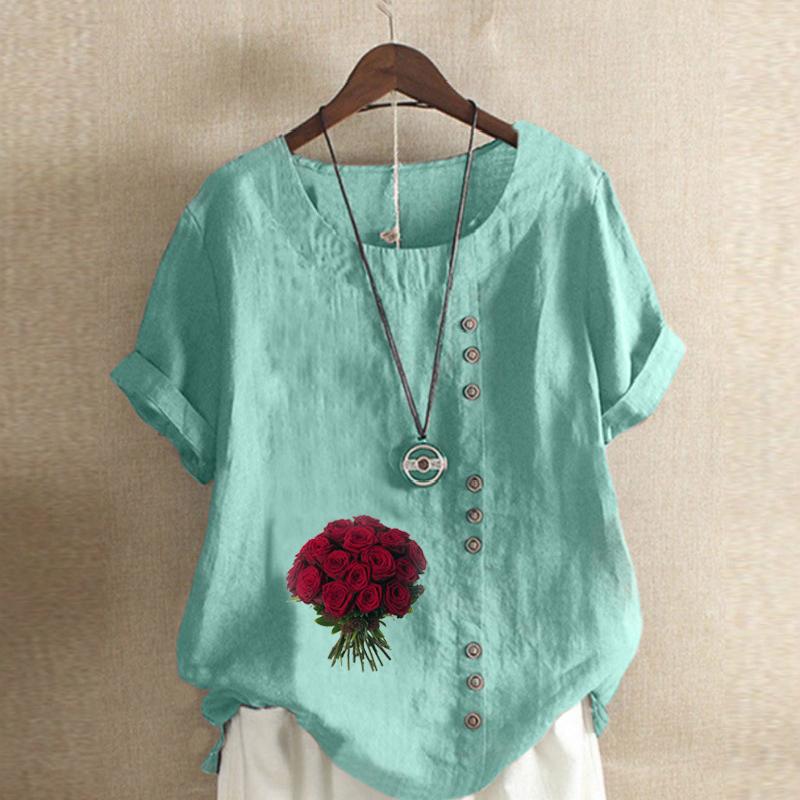 Women's Fashion Rose Prined Round Neck Short Sleeve T-shirt Casual Cotton Linen Graphic Shirt Leisure Loose Summer Blouse Tops
