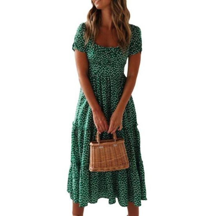 Small Flower Print Patchwork Dress Pleated Bubble Shirring Dating Vacation Short Square Neck Midi Womens Flowy A-line