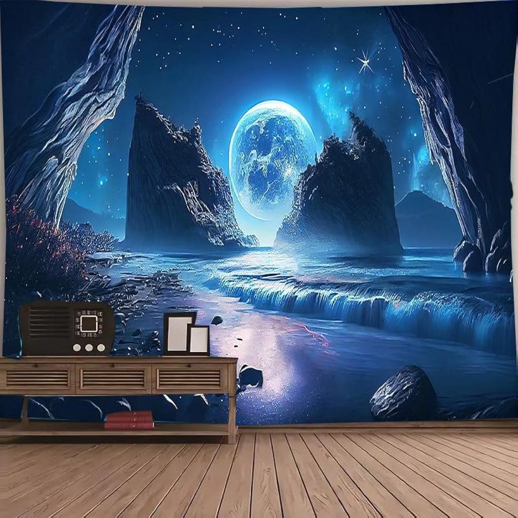 Moon Night Forest Wall TapestryEnchanted Wonderland Glow the Dark Trees Mountain River Nature Landscape Room Decor Tapestries