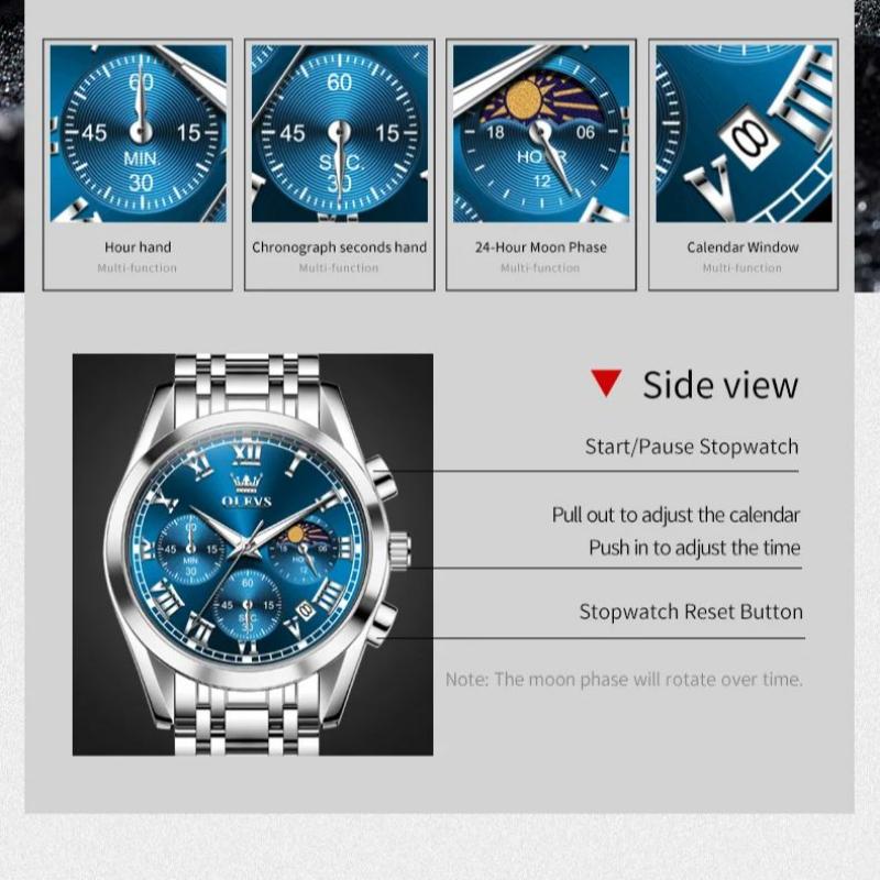 OLEVS Herrenuhr Original Mode Luxusmarke Wasserdicht Leuchtend Quarz Uhr Mondphase Automatisches Datum Uhren für Männer Chronograph