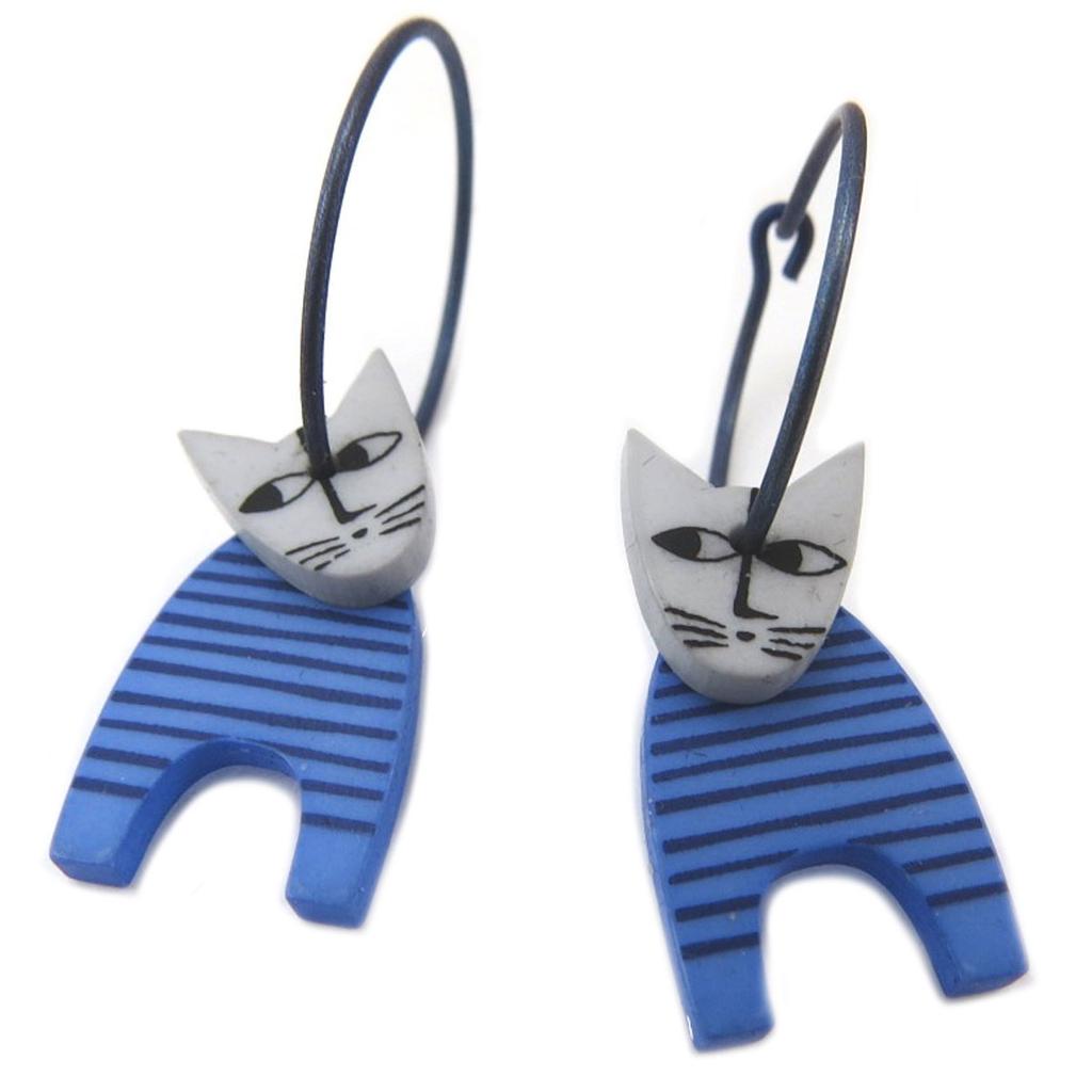 Les Trésors De Lily [Q9710] - Blue Gray 'Marionettes' Handcrafted Hoop Earrings (cat) - 18 Mm - 20x10 Mm