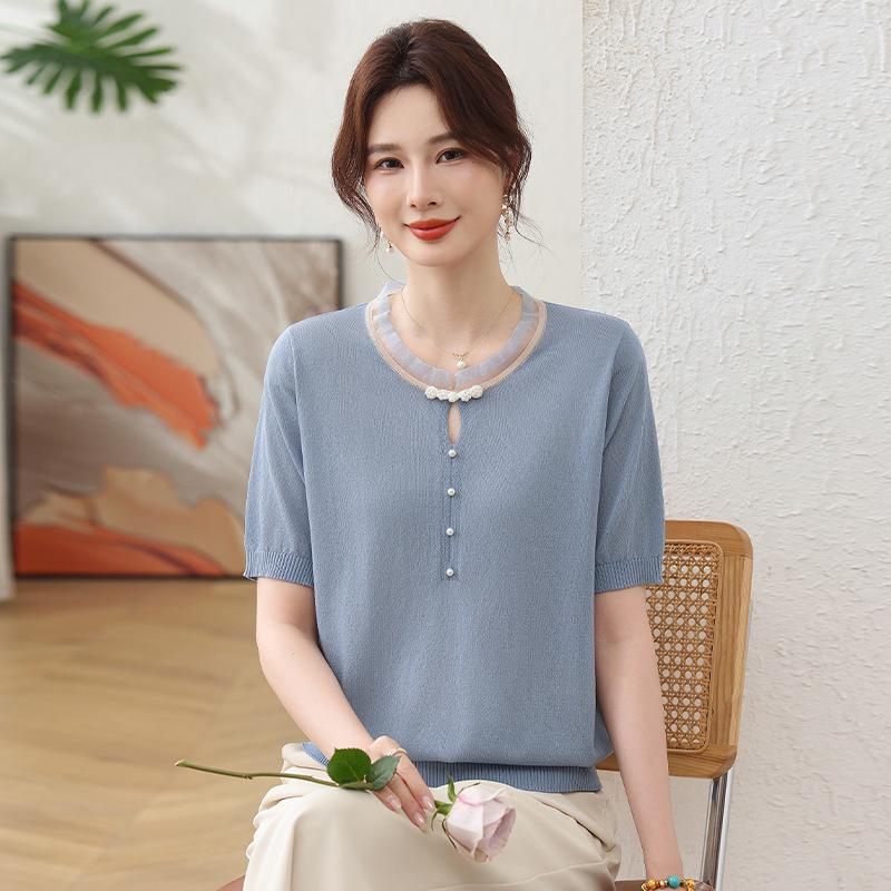 

Summer Ice Silk Maternity T-Shirt: Short-Sleeve, Slimming, Round-Neck Top for Middle-Aged & Elderly Women 5XL (150-165 lbs) синій