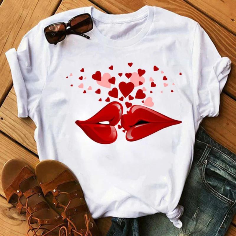 LOVE Red Lips Pink Heart Print T Shirt Women Romantic Slogan Graphic Short Sleeve Valentine Casual Summer Tee