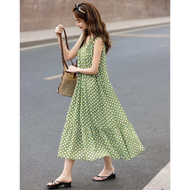 Demana Sweet City Summer V-Neck Chiffon A-Line Dress M