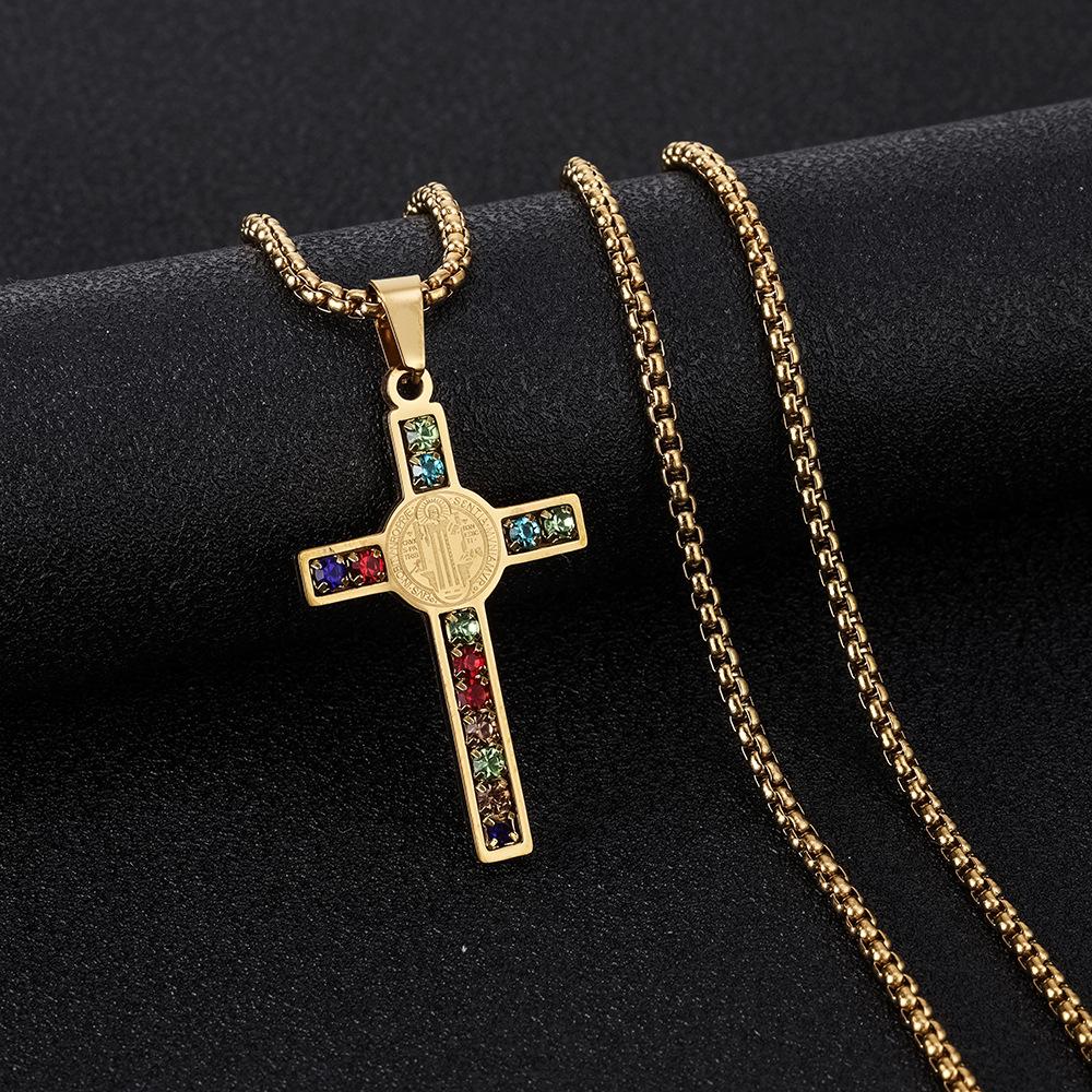 1PC Stylish Stainless Steel Cross Pendant Necklace, St. Benedict Pattern, Multi-Color Artificial Zirconia Embellishment