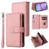For iPhone 17 Zipper Wallet Case with 15 Card Slots and Strap Leather Phone Cover