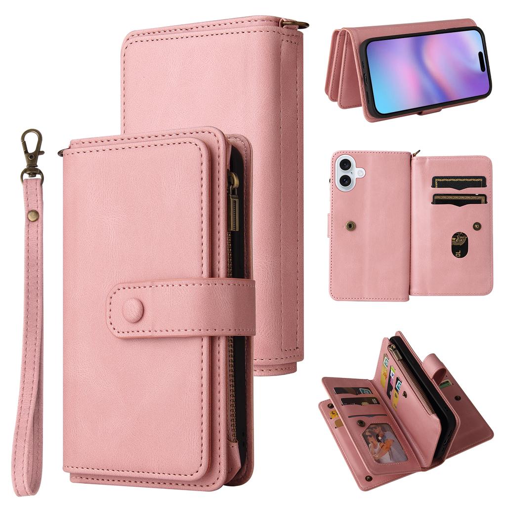 For iPhone 17 Zipper Wallet Case with 15 Card Slots and Strap Leather Phone Cover