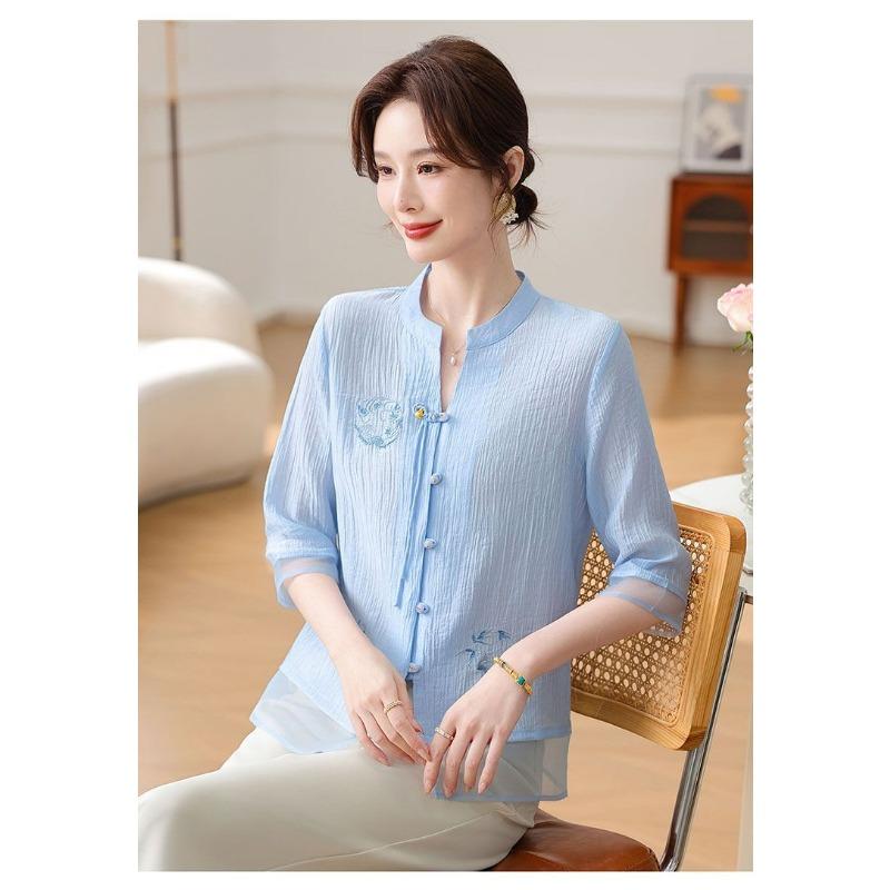 Women's Chinese Style Embroidered Blouse Stand Collar Frog Button Half Sleeve Sheer Chiffon Top for Daily
