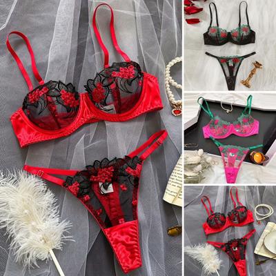 2 Pcs/Set Women Underwear Set Floral Embroidery See-through Lace Adjustable Strap Contrast Color Back Closure Unpadded Wired Bra Panties Set