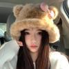 Leopard Print Bow KT Cat Plush Fisherman Hat for Women, Cute, Face-Slimming, Warm and Cold-Resistant Bucket Hat for Autumn and Winter
