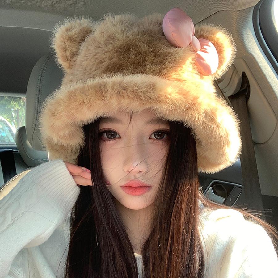Leopard Print Bow KT Cat Plush Fisherman Hat for Women, Cute, Face-Slimming, Warm and Cold-Resistant Bucket Hat for Autumn and Winter