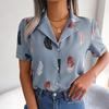 Women Summer Short Sleeve Lapel Feather Printed Casual Office Shirt Blouse Top