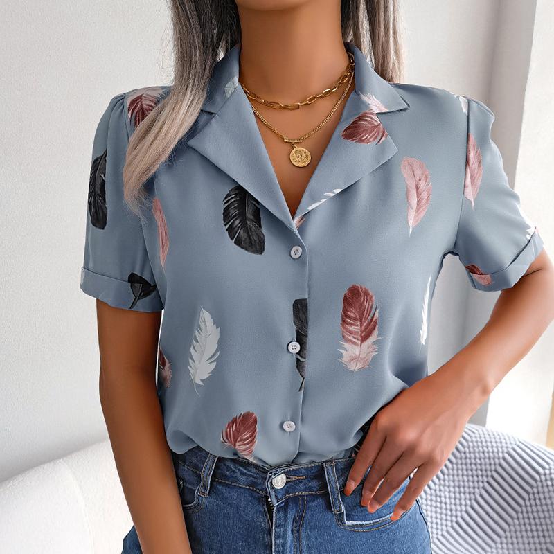 Women Summer Short Sleeve Lapel Feather Printed Casual Office Shirt Blouse Top