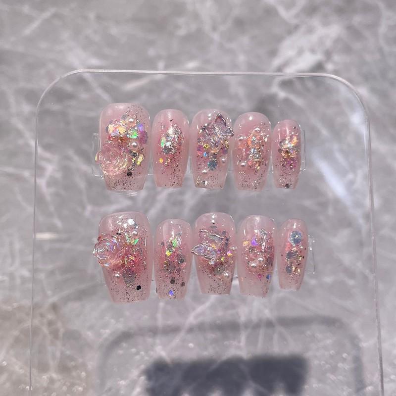 Handmade Press-On Nails Short Style With 3D Camellia Flower Glitter Sparkle Blush Effect Women