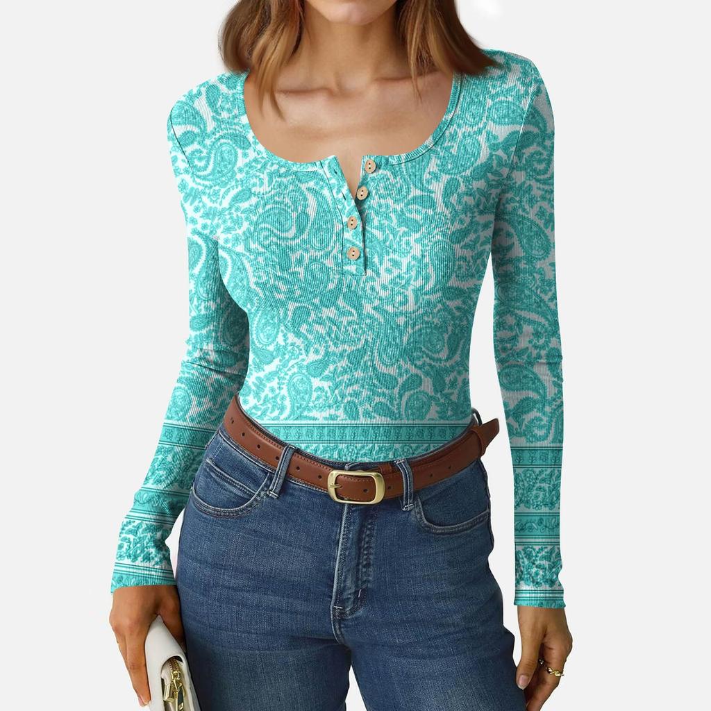 Camiseta de Fondo Delgado para Mujer Moda Casual Estampado Degradado Cuello Redondo Jersey Manga Larga Top