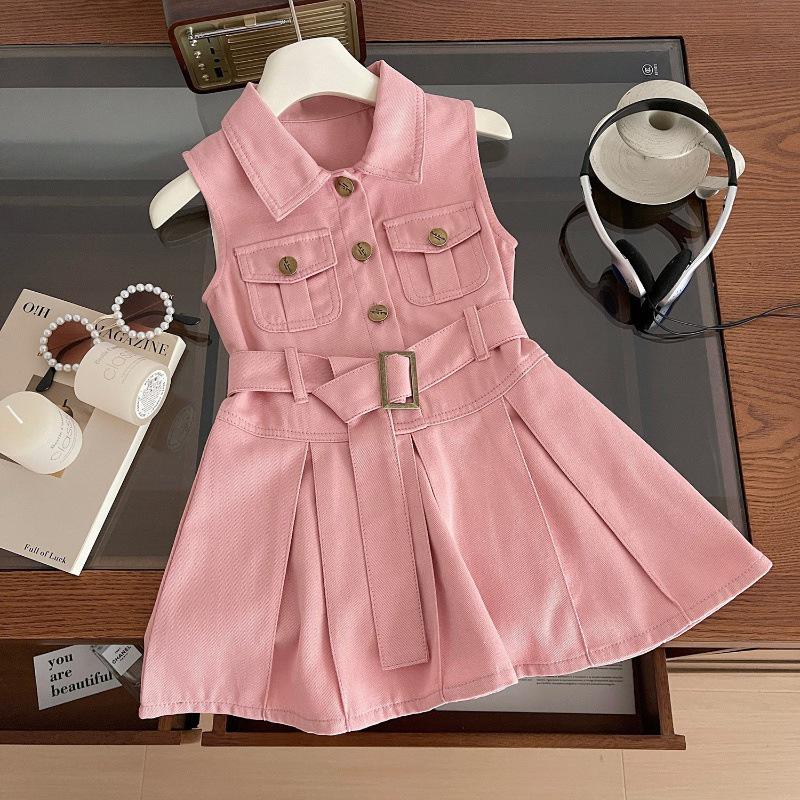 Girls' Sleeveless Denim Dress 2024 - Korean-Style Lapel Waist-Hugging Vest for Summer
