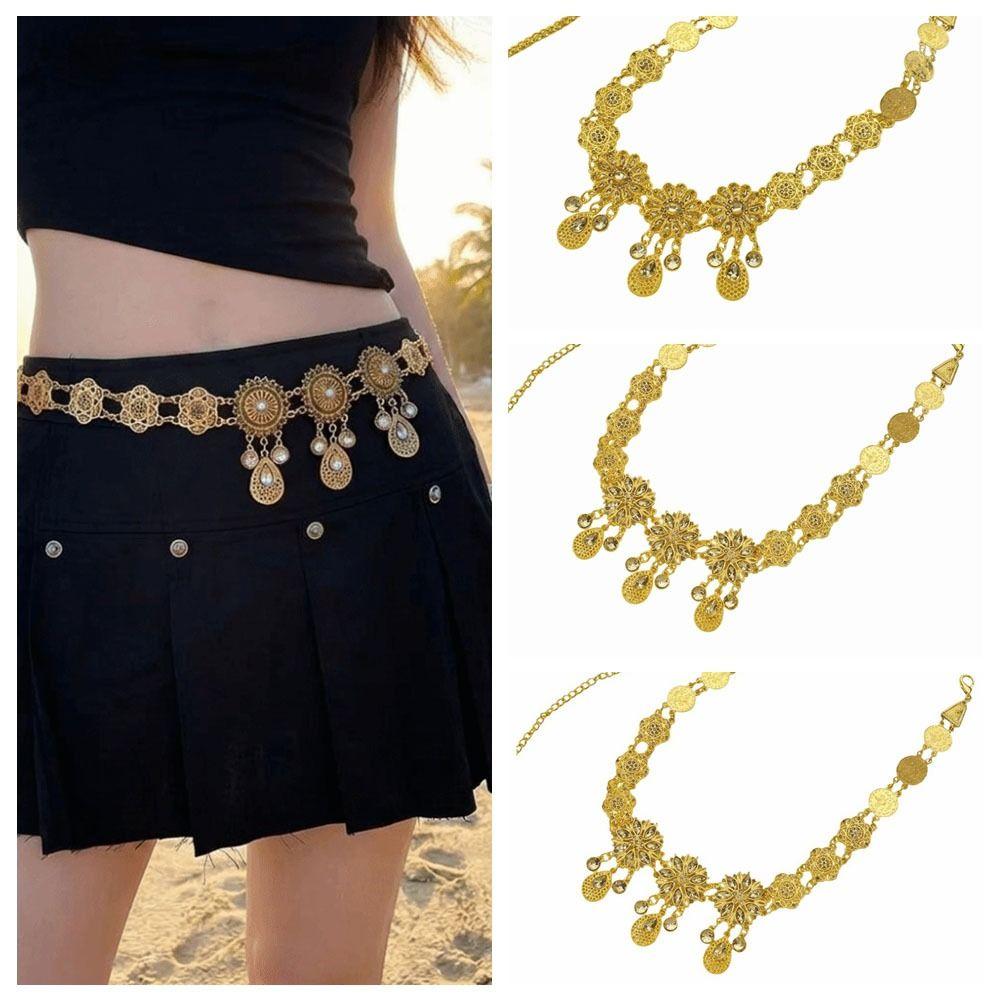 Metal Flower Waist Chain Rhinestone Hollow Out Belt Vintage Belly Chains  Dance Dress