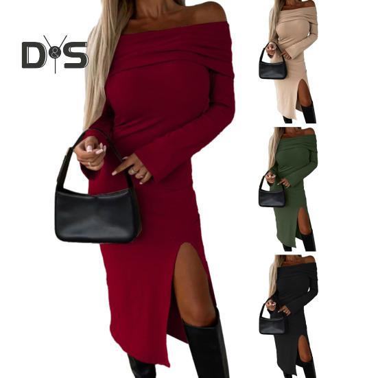 Frauen Herbst Winter, Figurbetontes Kleid Schulterfrei Langarm Schlitz Saum Slim Fit Enges Party Midikleid Einfarbiges Hüftwickelkleid