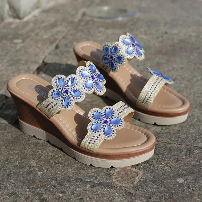 Round Toe Wedges Casual Open Toe Comfort Spring/Summer Rhinestone Embellish Slipper Party Plus Size 35-43 for Everyday Wear