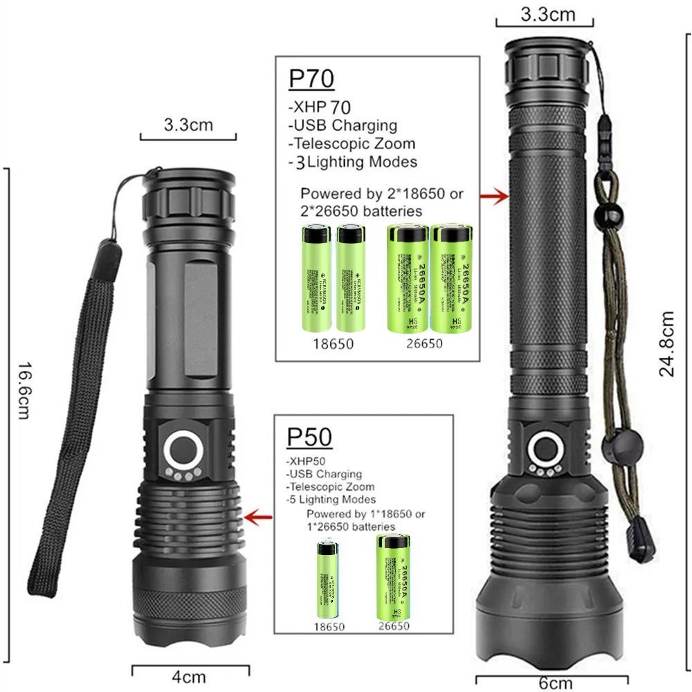Super Bright Rechargeable XHP70/XHP50 LED Flashlight Zoomable Waterproof Tactical Torch 3 Modes Powerful for Camping Hiking