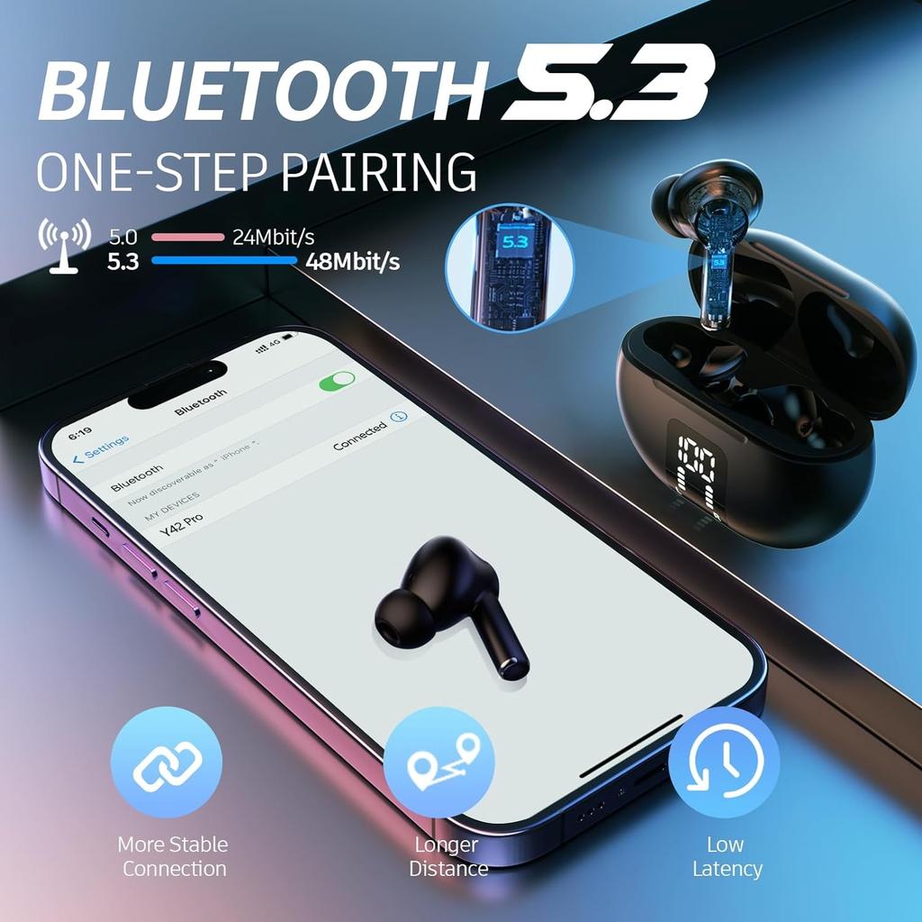 Wireless Earphone Bluetooth 5.4 Headphone 60H Playback LED Power Display EarBuds Mic Noise Cancellation Stereo Sound Headsets
