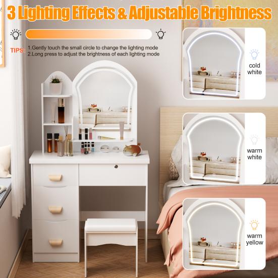 Makeup Vanity Desk with LED Lighted Mirror, Vanity Table with 4 Drawers and Opening Shelves, Bedroom Dressing Table with Stool