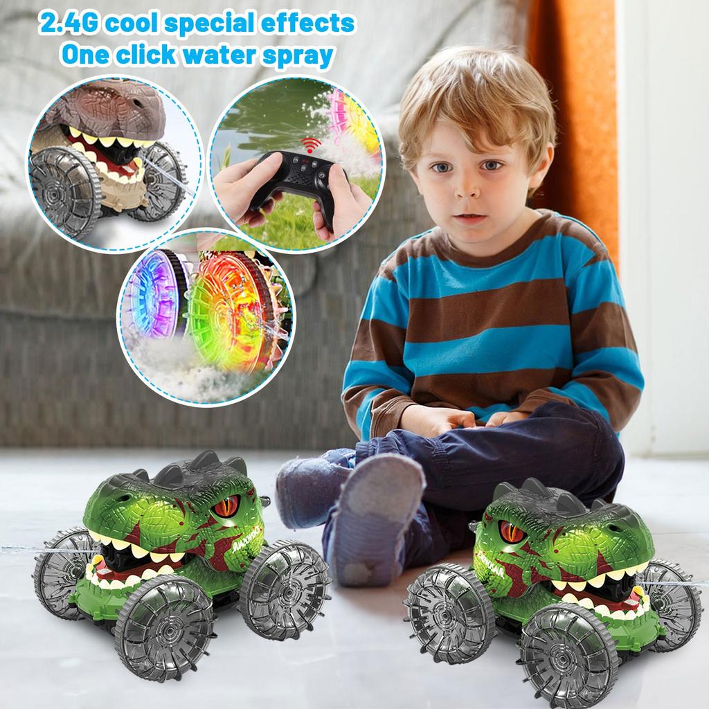 Dinosaur Water Spray Stunt Car, Remote Control Light Wheel Spinning Dancing Car Electric Toy