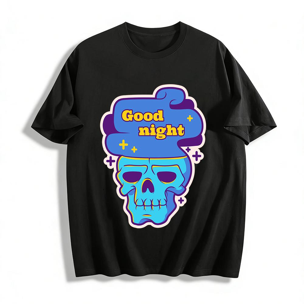 

Trendy Goodnight Skull Print Unisex Short Sleeve Casual Loose Crew Neck Graphic Tee Shirt Pure cotton T-shirt XXS
