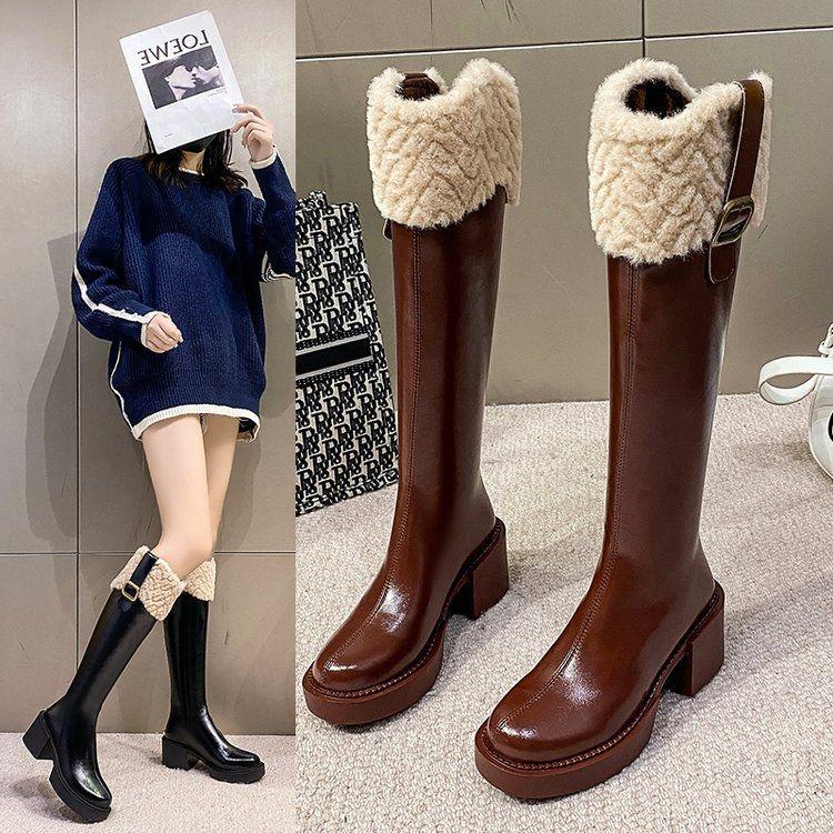 Women's Fleece-Lined Over-the-Knee Cotton Boots with Chunky High Heels and Furry Slimming High-Shaft Design