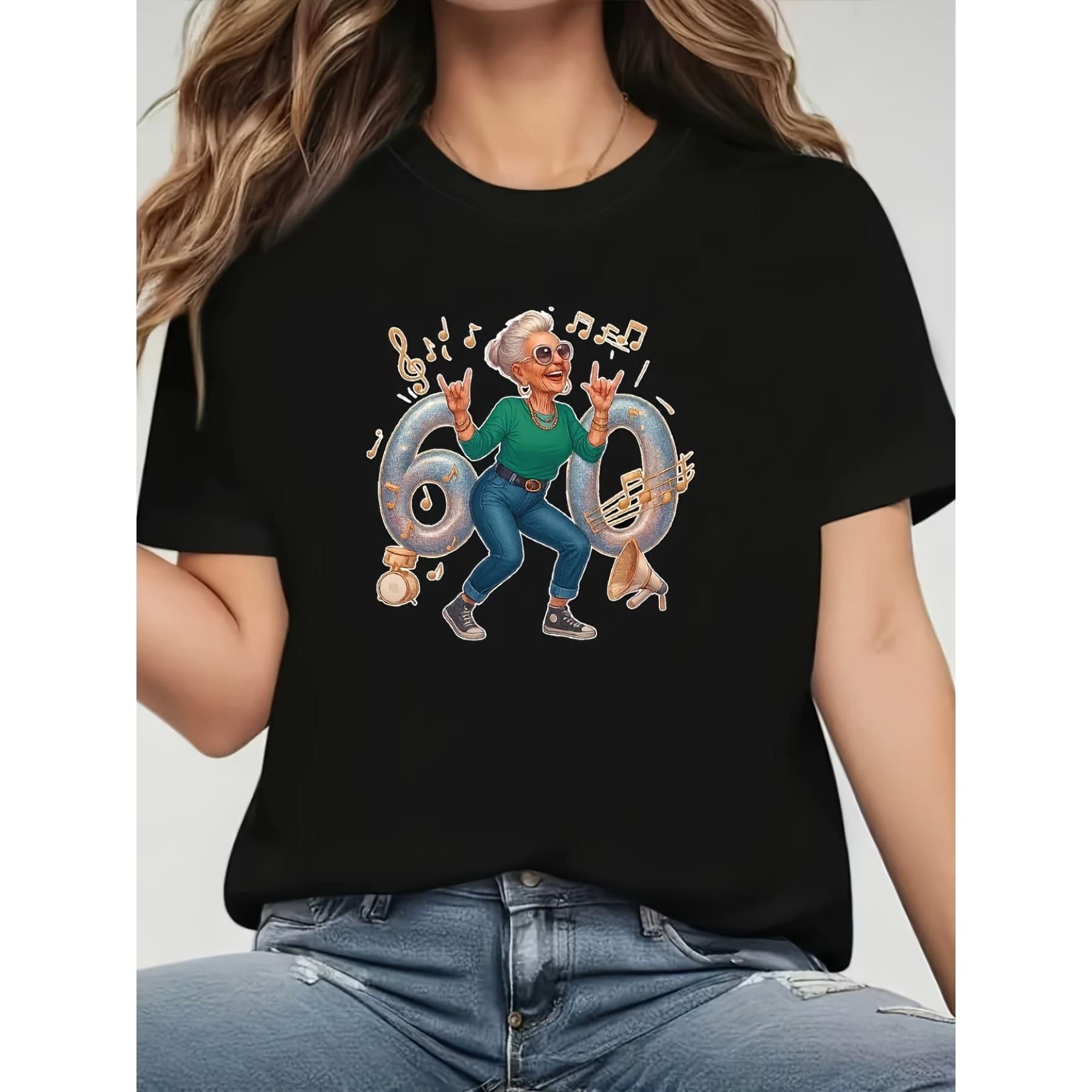 Крутая бабушка 60 лет, принт с музыкальными элементами | Черная футболка с круглым вырезом, коротким рукавом, повседневный стиль S