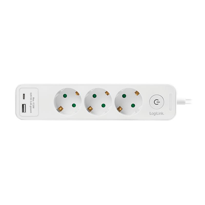 Triple Power Strip with USB-A/C, White, 3 Sockets, 1.5m - Logilink