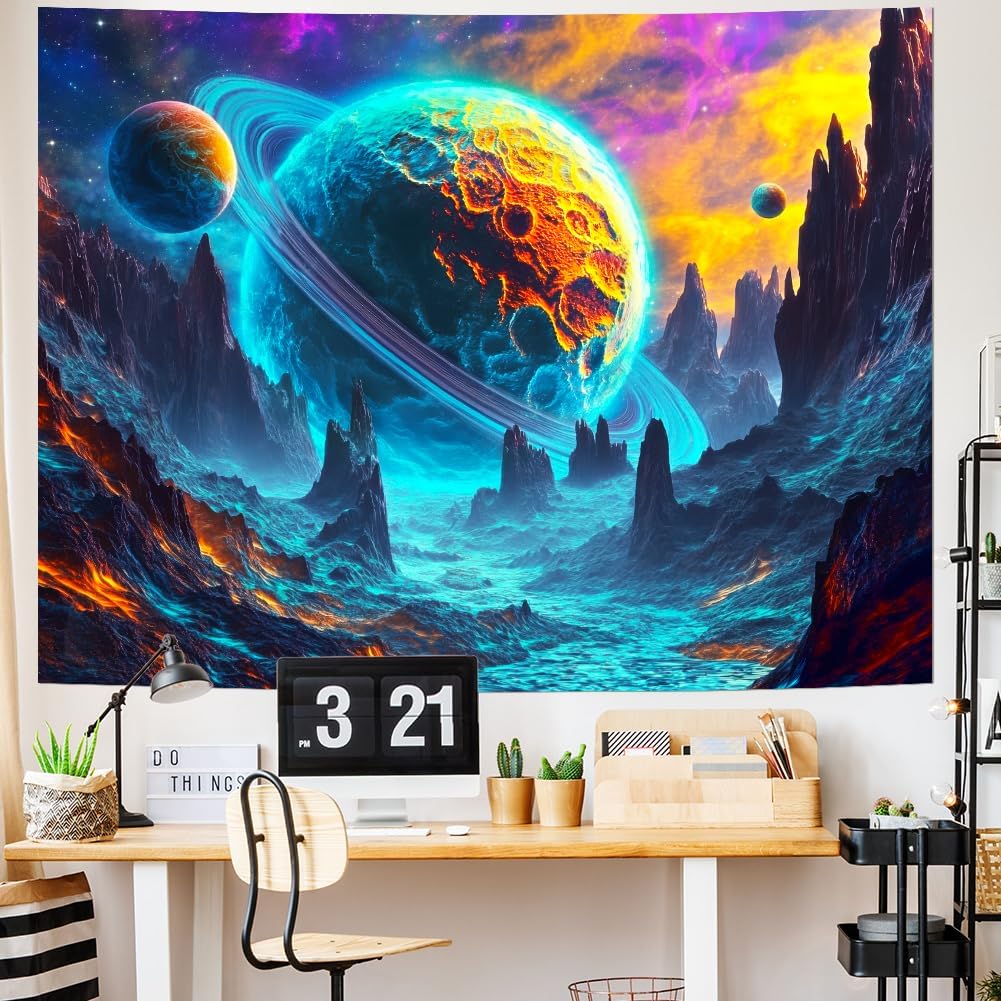 Yuiqear Psychedelic Planet Tapestry Trippy Galaxy Space Tapestries Neon Starry Sky Wall Decor Mysterious Universe Mountain Tapes