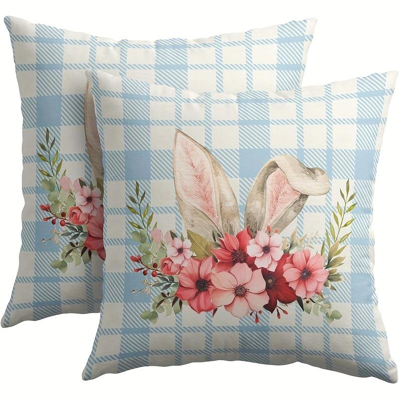 2 Pack Happy Easter Bunny Throw Pillow Case - Blue Check Floral Design 40x40cm/16x16inch