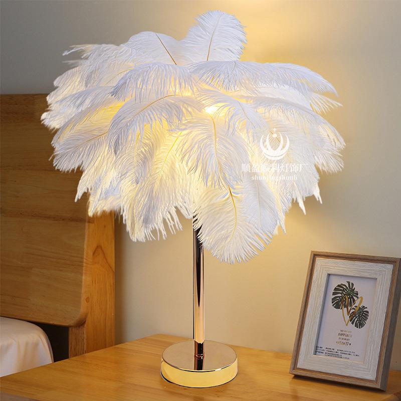 Nordic White Feather LED Desk Lamp - Natural Style for Bedroom, Restaurant, or Bookstore Decor