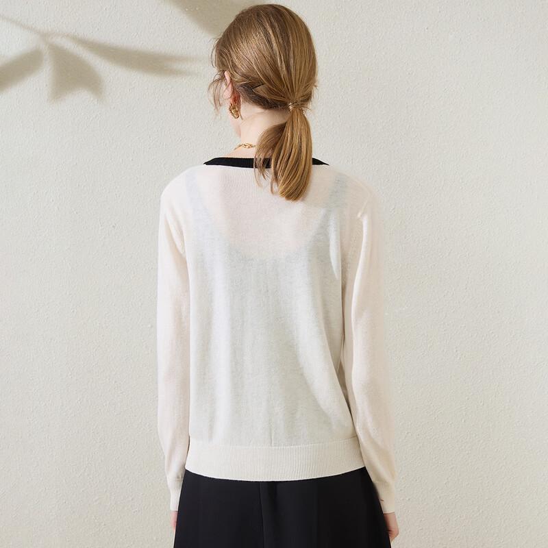 TUHUANG Women's Pure Wool Color Block Round Neck Cardigan