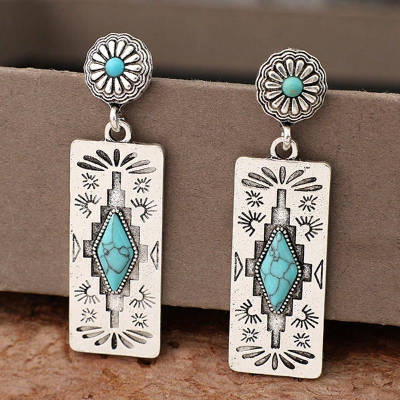 1 Pair Vintage Western Style Carved Imitation Turquoise Inlaid Rectangular Pendant Earrings, Gift For Women