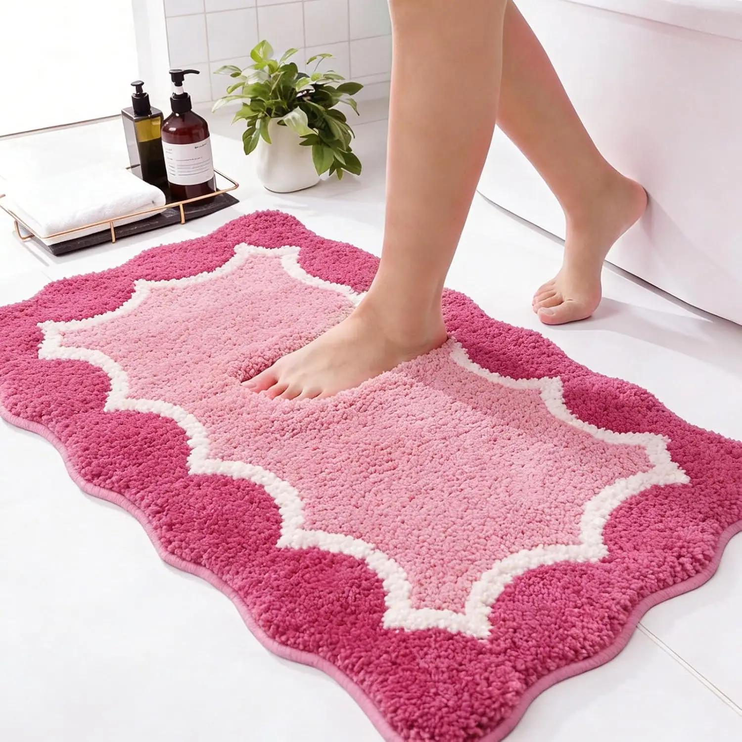Roze Geschulpte Rand Badmat Zacht Pluizig Antislip Absorberend Wasbaar Badkamervloermat Leuke Esthetische Huisdecoratie Tapijt 40X60CM(1.3X2FT