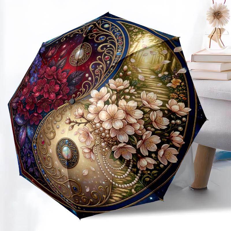 

1pc Sturdy 8-Bone Auto Umbrella, Lotus Blossom Yin Yang Umbrella, Digital Printed, Foldable Umbrella for On-the-Go Outdoor Use