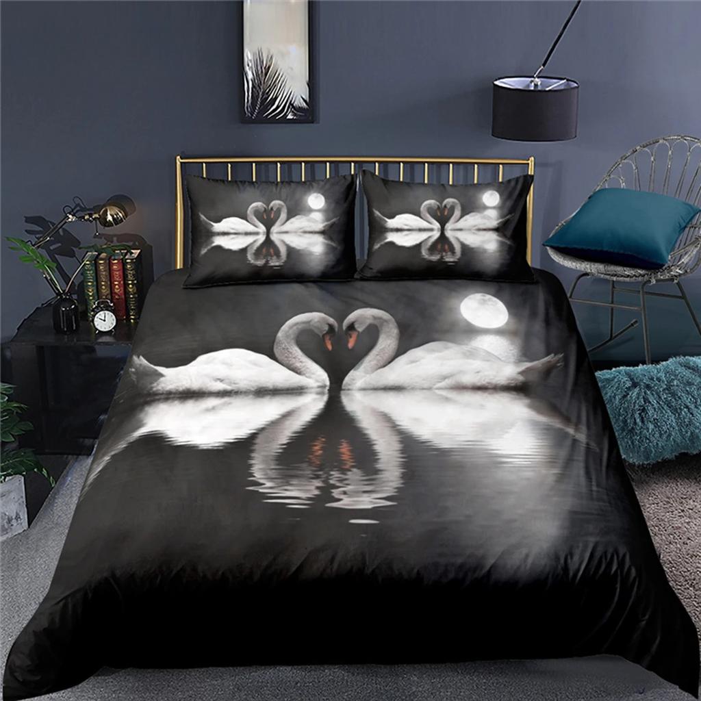 Luxury 3D Swan Print Home Living Comfortable Duvet Cover Pillowcase Kid Bedding Set Queen and King EU/US/AU/UK Size